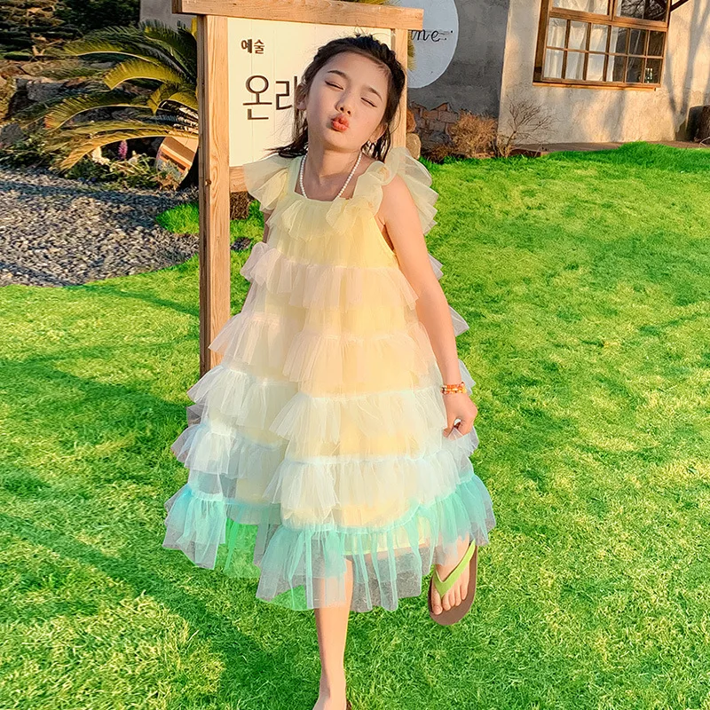 

Dresses for Girls Fashion Rainbow Cake Princess Dress 2023 Summer New Teens Kids Clothes 10 12 13 14 Years Children Party Dress