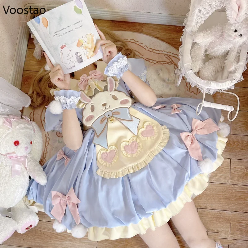 Lolita Dress Japanese Kawaii Lolita OP Dress Women Sweet Cartoon Bunny Bow Princess Party Dress Girls Harajuku Short Sleeve Mini Dress
