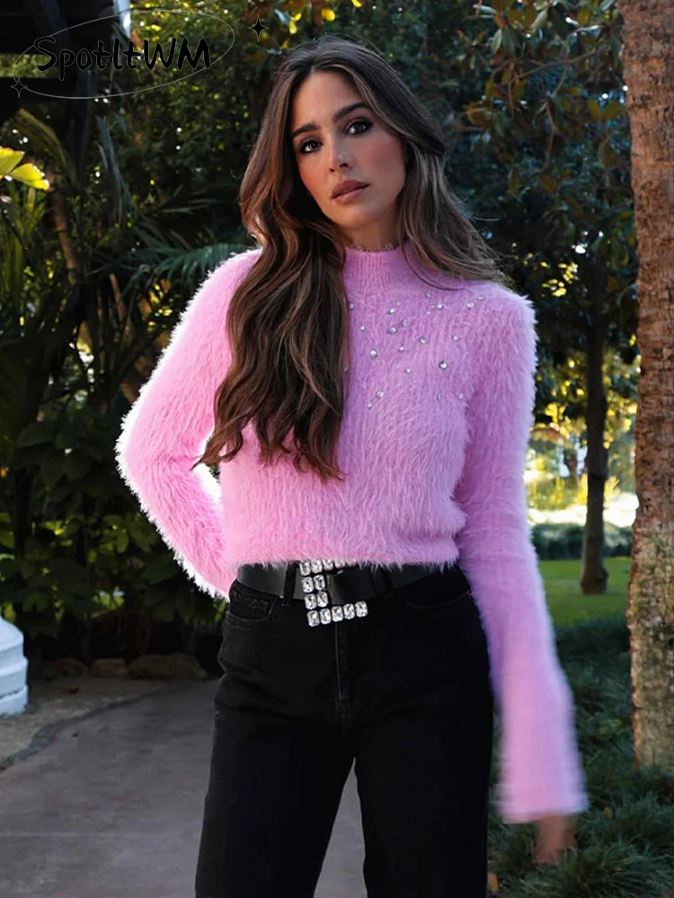 

Loose Pink Sequin Mohair Knitted Sweater Women Fashion O Neck Long Sleeve Slim Crop Pullover Autumn Winter Elegant Lady Knitwear