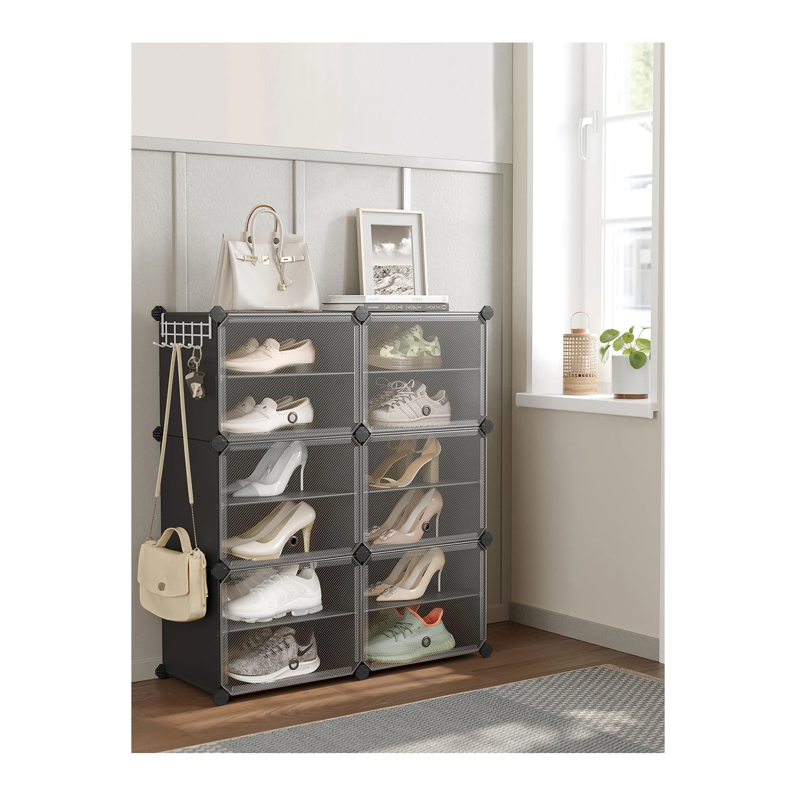 SONGMICS Mueble Zapatero Plástico, 6 Compartimentos, Zapatero Modular, Estantería Modular de Plástico, 30 x 40 x 30 cm Cada Cubo, con Puerta, Marco Acero, Panele Plástico, Blanco/Negro/Gris