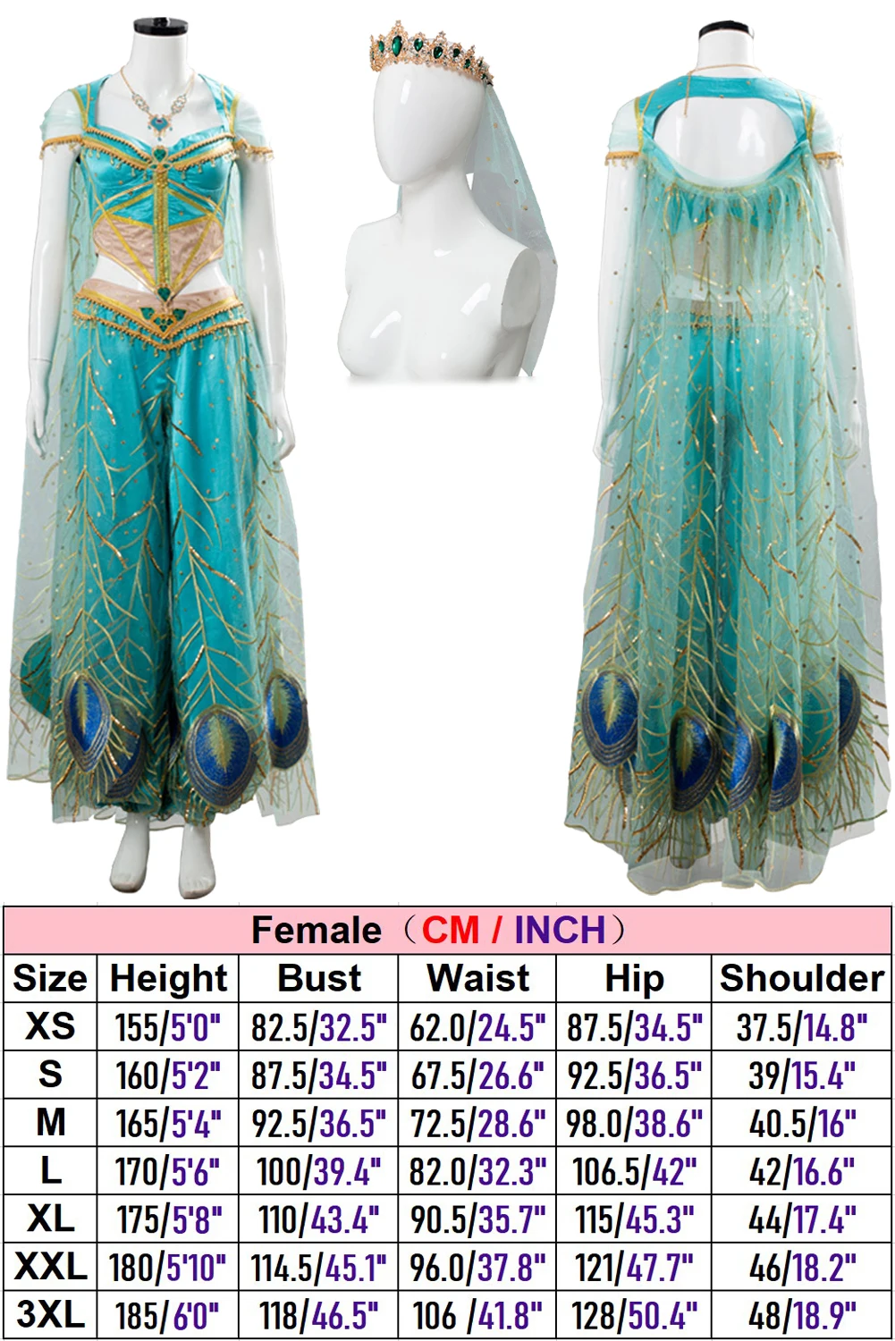 Adult Aladdin Naomi Scott Princess Jasmine Peacock Outfit Cosplay Cost