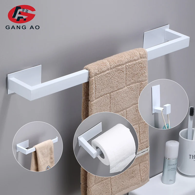 No Drilling White Bathroom Accessories Sets Toilet Tissue Roll Paper Holder Towel Rack Bar Rail Ring Robe Clothes Hook Hardware