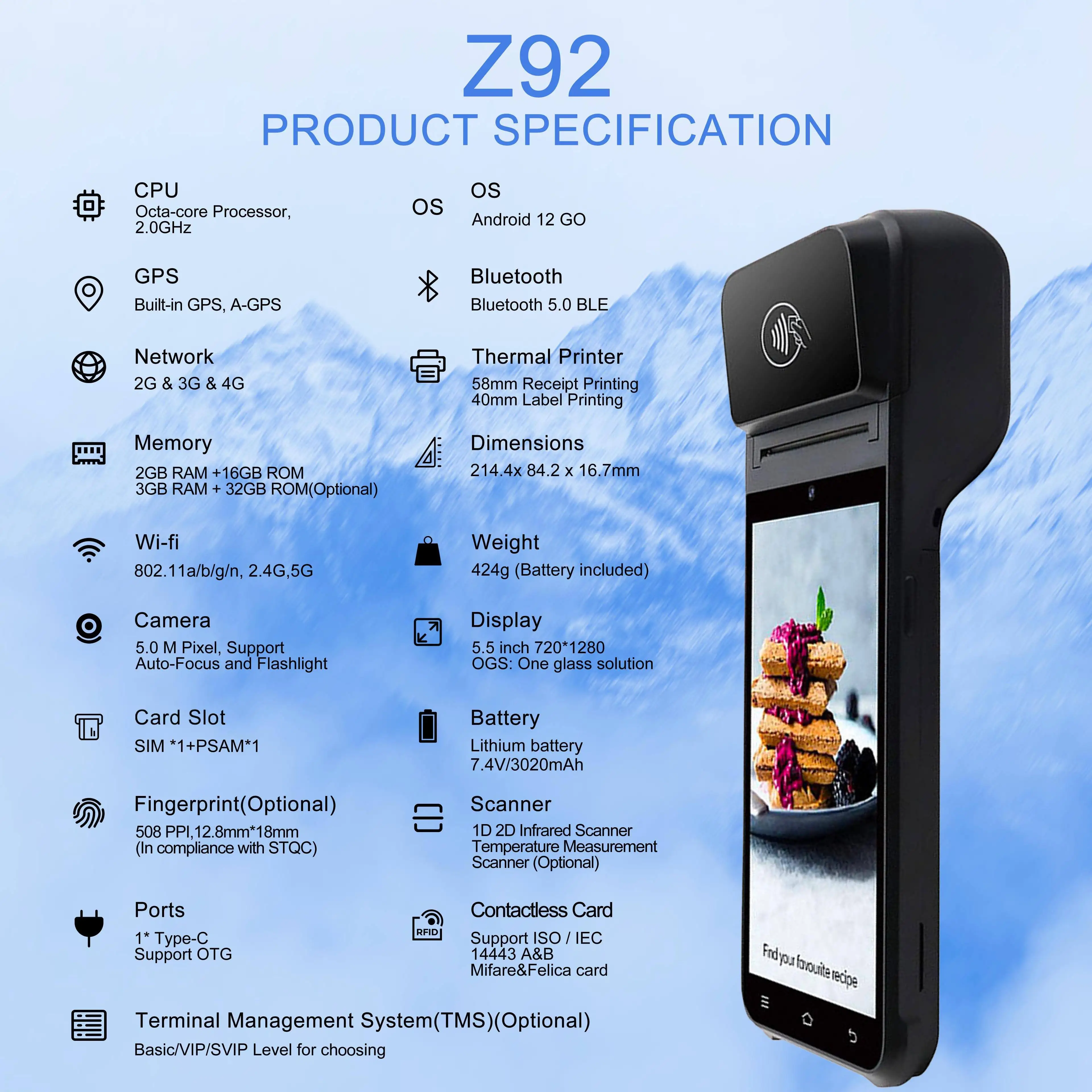 스마트 4G 안드로이드 13/14 POS 단말기 현금 등록기 NFC 휴대용 58mm 감열 프린터 1D 2D 바코드 스캐너 (비즈니스용)