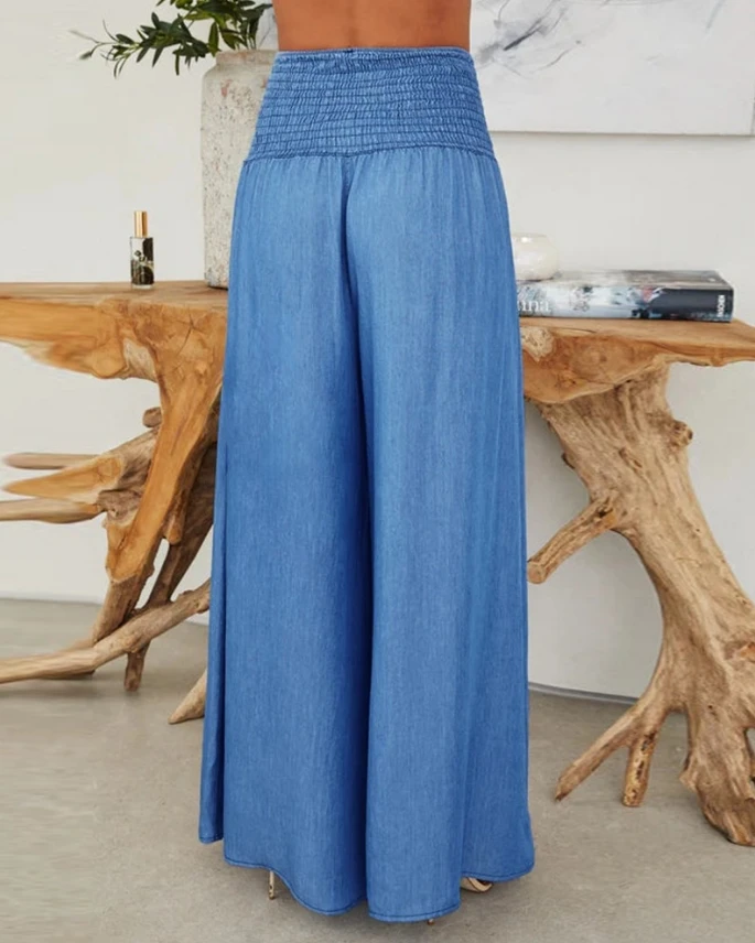 Women's Fashion Pants 2024 Spring Summer Latest Casual Solid High Waist Shirred Wide Leg Jeans Denim Daily Versatile Trousers