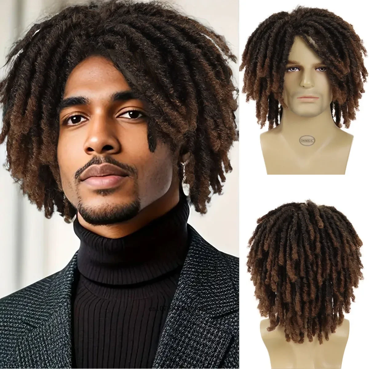 Dreadlocks Wig for Men Braided Synthetic Wig Man Ombre Brown Locs Crochet Twist Hair Men's Afro Natural Short Dreads Hip Hop