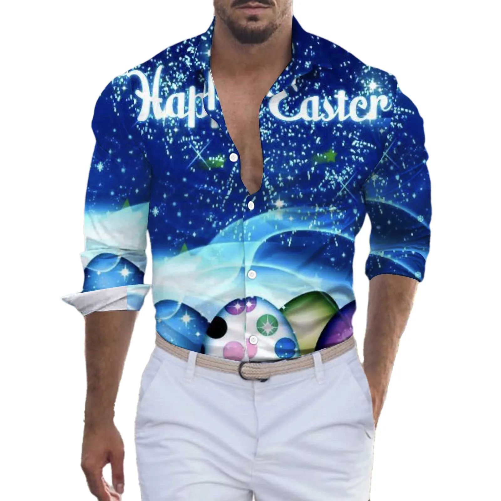 

Мужская Пасхальная рубашка с длинным рукавом, праздничная Непринужденная и удобная Стильная однотонная рубашка с геометрическим принтом