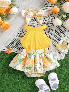 2025 New Arrival Sleeveless Printed Patchwork Dress with Matching Print Headband Two-Piece Set