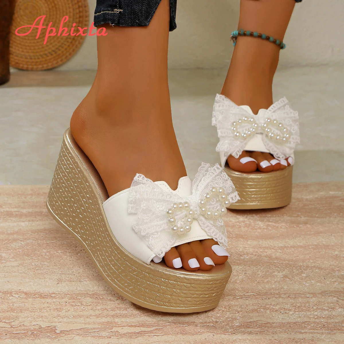 Aphixta Luxury Women Clappers 9cm High Heels Woman Summer Beach Shoes Sweet Bow Gold Heels Light Weight Shoes for Woman