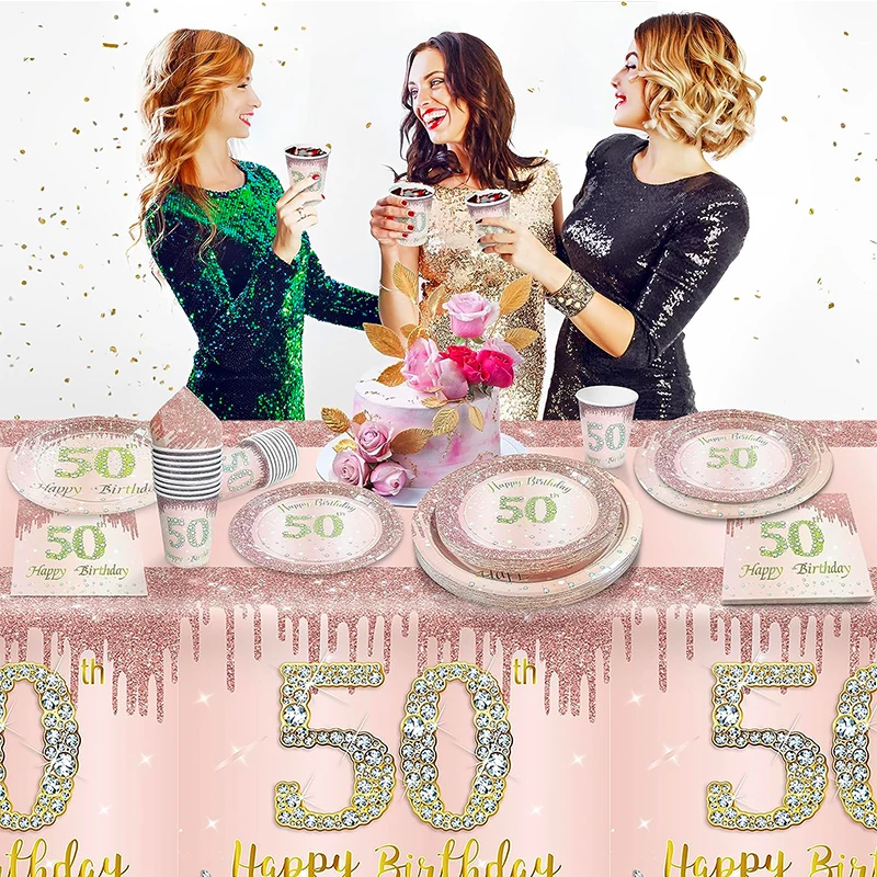 Oro Rosa 50Th Set Di Stoviglie Usa E Getta Decorazioni 50 Anni Festa Di Compleanno Bandiera 50 Anni Piatti Tovaglioli Tazze Tovaglia