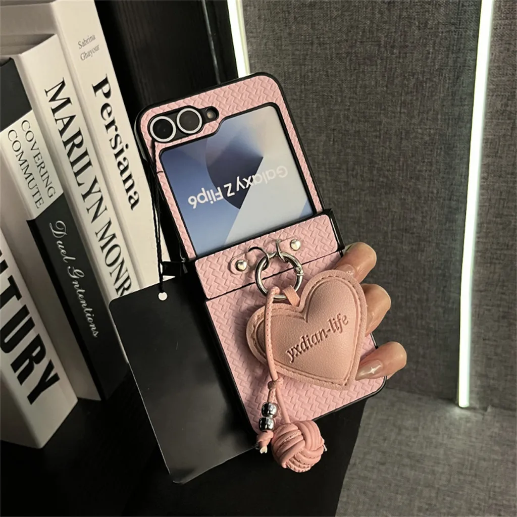 Korean-Inspired Pink Irregular Pattern Leather Phone Case with Love Heart Pendant