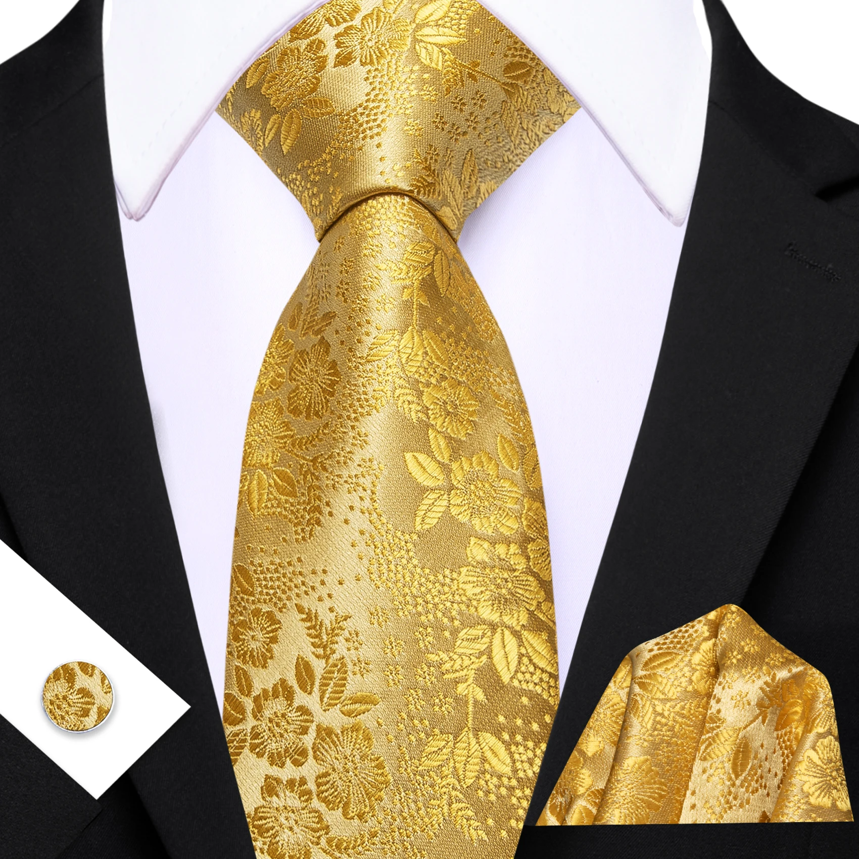 Herren-Krawatte, klassisch, gelb, rosa, marineblau, Blumenmuster, Jacquard, modische Krawatten, Einstecktuch, Manschettenknopf-Set, Hochzeit, Party, Event – Detail 8
