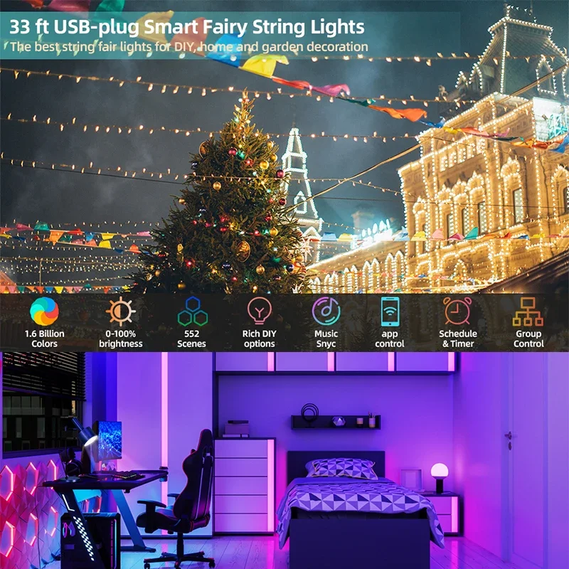 Luminous Bluetooth-Enabled Color-Changing LED String Lights with Music Sync & Remote Control
