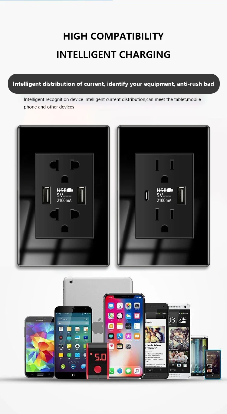 1-4Gang, 2Way Interruptor Elétrico Luz, México, Thai, Vidro Temperado, Tomada USB