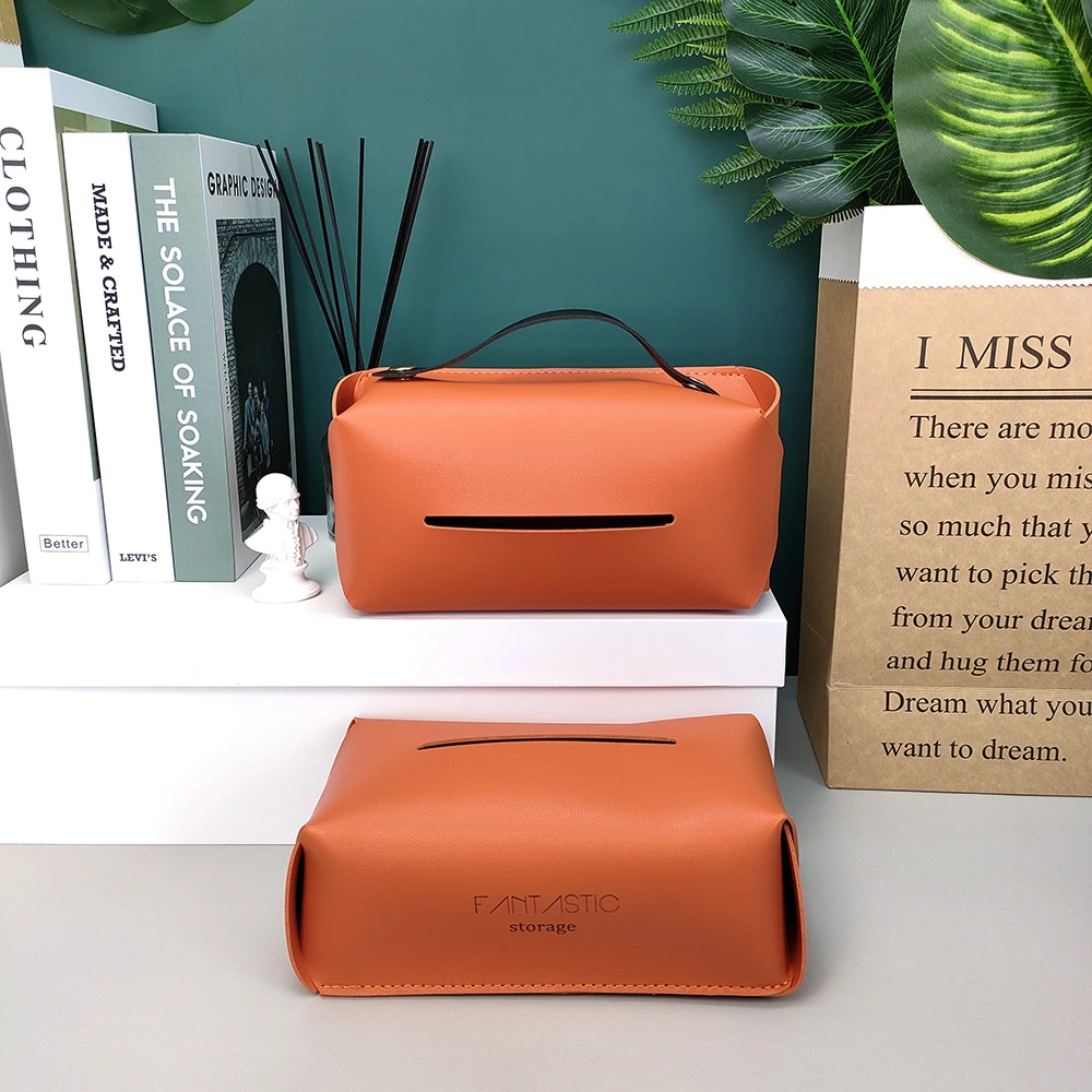 Simple PU Leather Tissue Case Desktop Napkin Pumping Paper Storage Box Foldable Paper Towel Container for Home Car Decoration 4