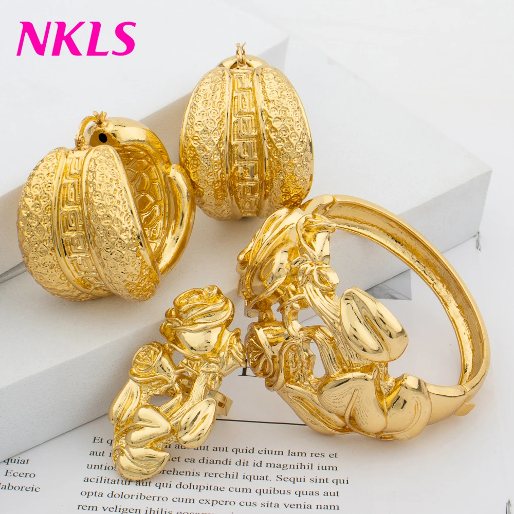 Bridal jewelry sets earring ring sets Dubai Women Luxury Bangles Earrings Rings Set High Quality Classic Gold Color Jewelry Sets Fashion Bridal Jewelry Wedding Party