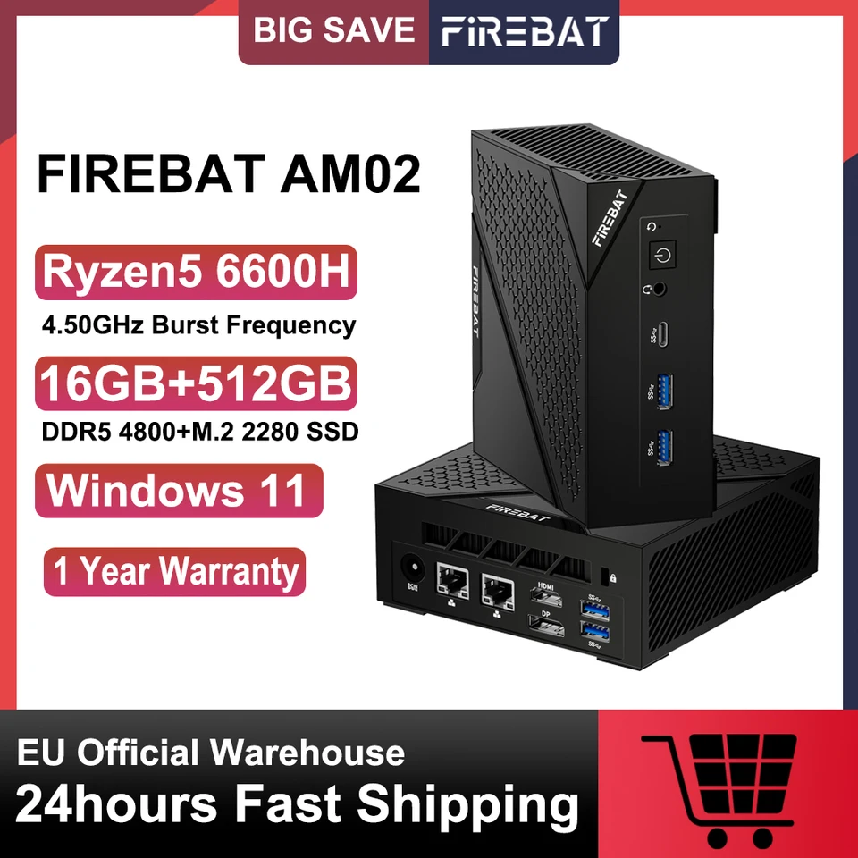 FIREBAT MINI PC AM02 AMD Ryzen 5 6600H 16GB DDR5 RAM 512GB