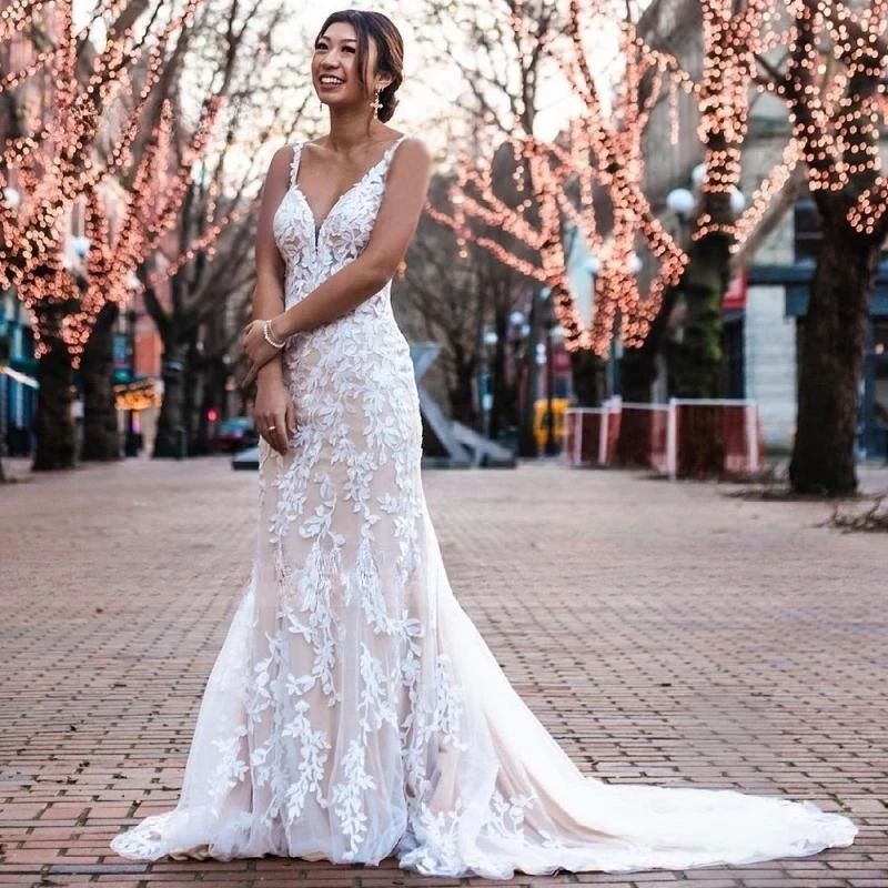 

Женское кружевное свадебное платье с юбкой-годе, Элегантное Длинное платье невесты с V-образным вырезом, с иллюзией на спине и шлейфом, официальная одежда розового цвета для вечеринки, 2023