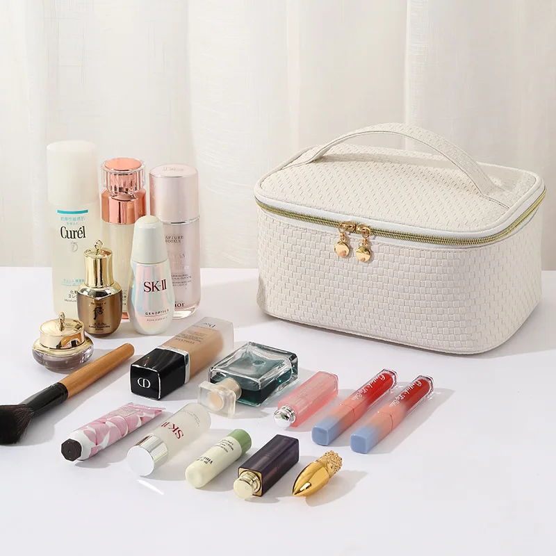 New Woven PU Double Layer Makeup Bag High Beauty Makeup Storage Bag Portable Large Capacity Travel Storage Bag