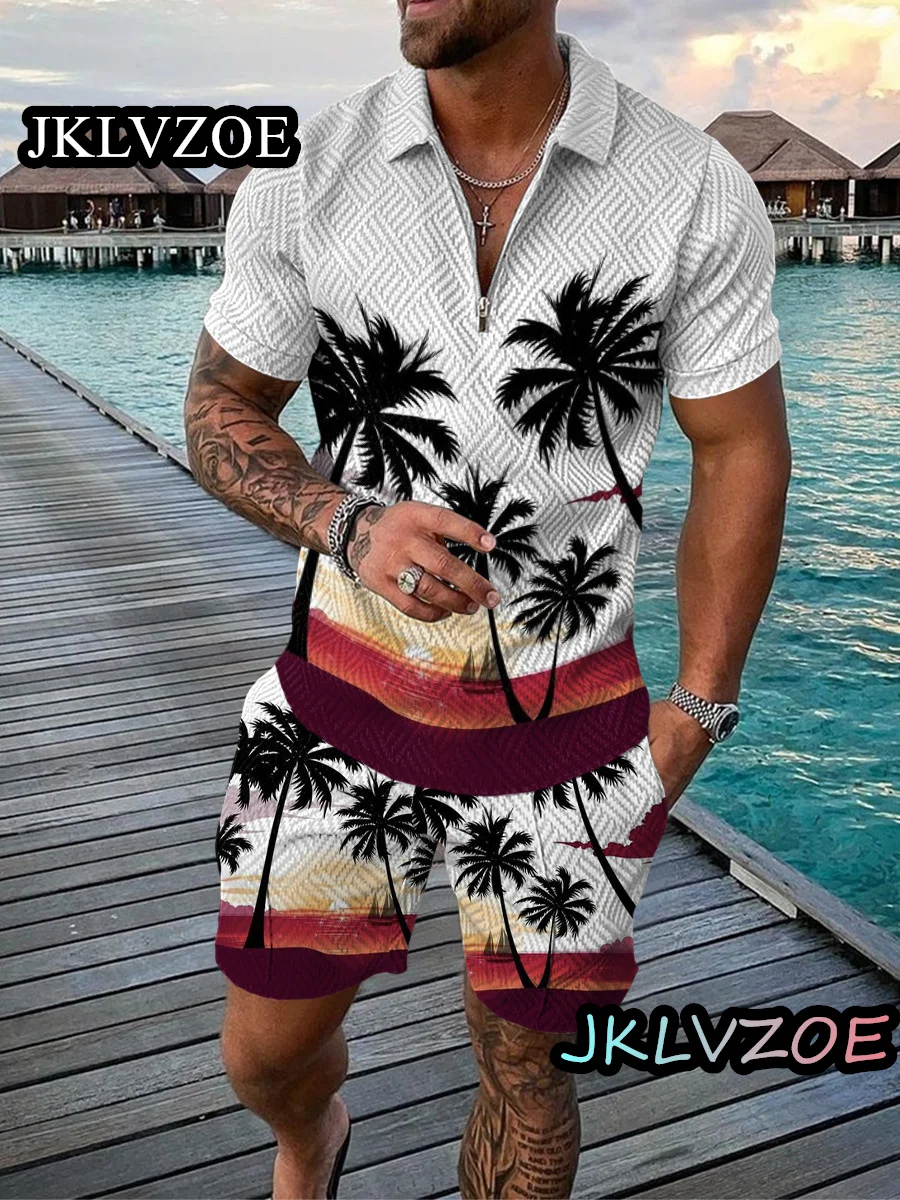 Men's Fashion Polo Shirt Tracksuit Set Men 3D Printed Hawaii V-neck Zipper Short Sleeve Polo Shirt+Shorts Two Pieces Man Suit