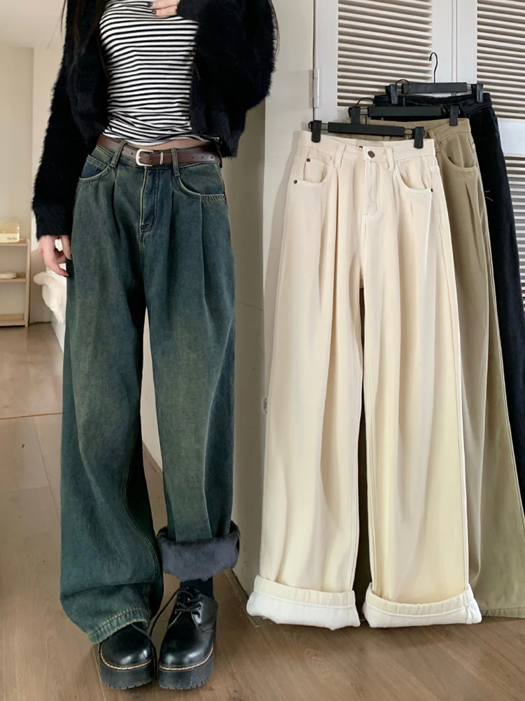 

Fall Winter Thick Flocking Jeans Loose Casual High Waist Wide Leg Fleece Pants Women Denim Trousers Plain Boyfriend Baggy Pants