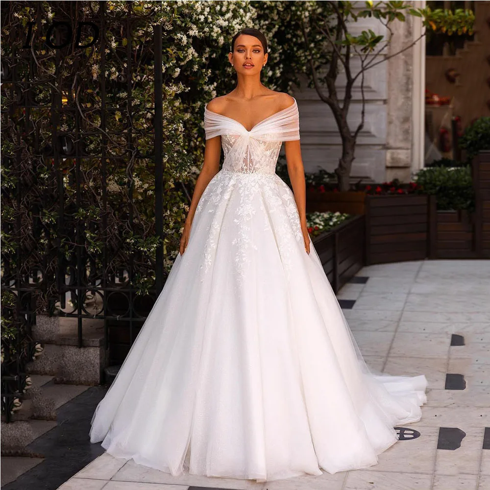 

I OD Elegant A-Line Wedding Dresses Sweetheart Off Shoulder Backless Lace Up Tulle Bridal Gown Floor Length Vestidos De Novia
