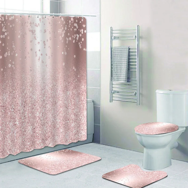 Trendy Rose Gold Falling Glitter Confetti Pattern Bathroom Curtain