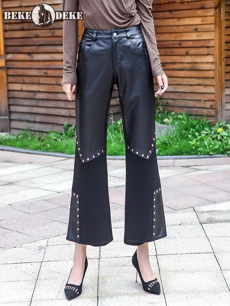 

Women Patchwork Genuine Leather Wide Leg Pants Autumn Casual Rivets Flares Ankle Length Trousers Female Streetwear Vintage Pants