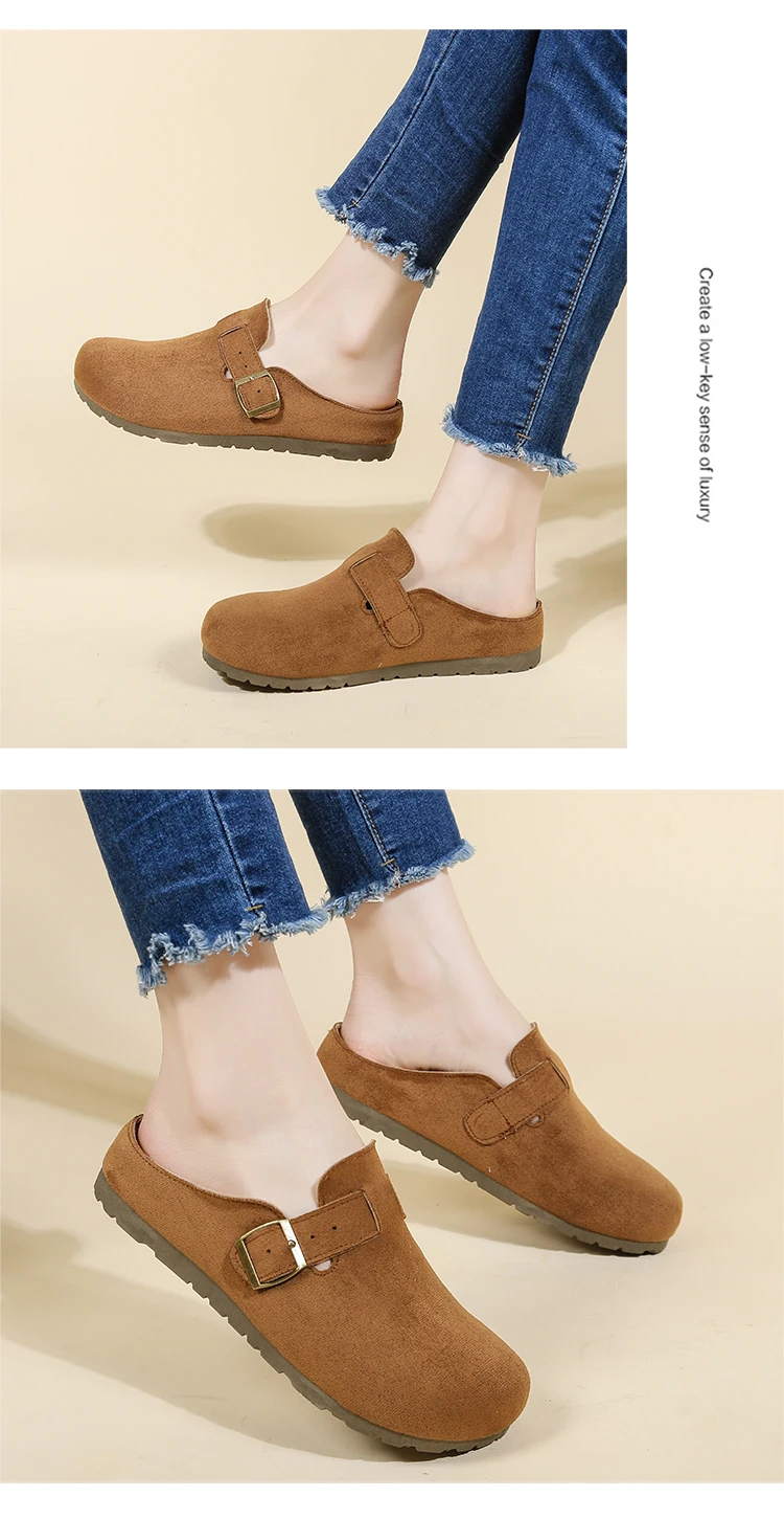 Women's Retro Suede Clogs With Buckle Slip-on Mules Flat Sandals_voghion.com