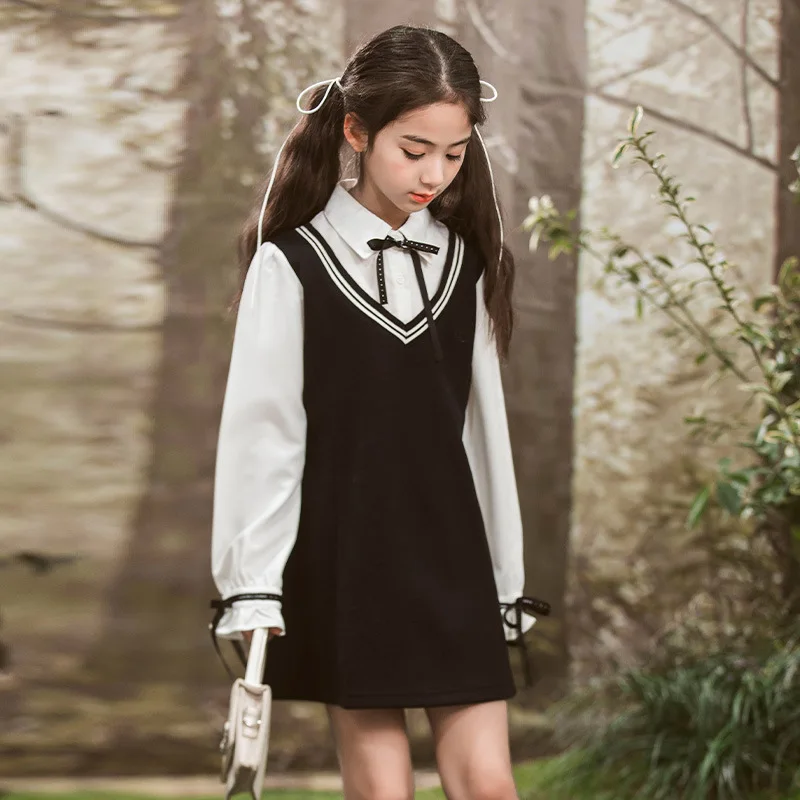 

Корейское весенне-осеннее школьное платье с длинным рукавом для девочек, детское лоскутное цельное платье с бантом для девочек, элегантное платье для маленьких девочек