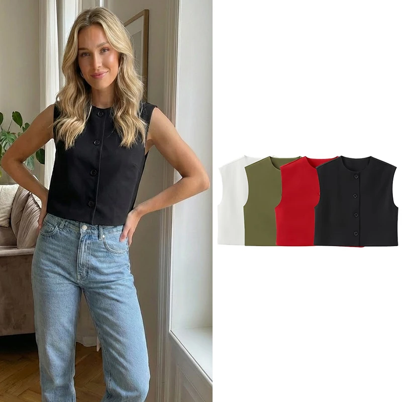 Willshela Women Fashion Solid Single Breasted Waistcoats Vest Vintage O-Neck Sleeveless Jackets Female Chic Lady Tank Tops