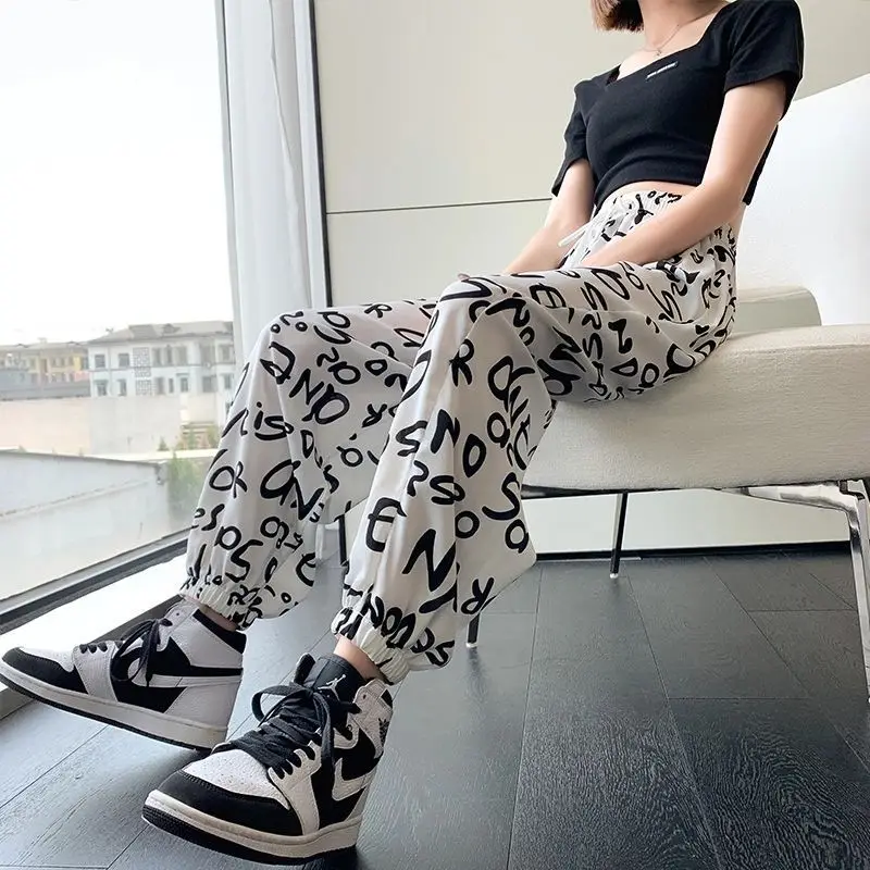 Fashion Loose Elastic High Waist Folds Shirring Bandage Bow Letter Pants Female 2023 New Oversized Commute Printed Casual Capris