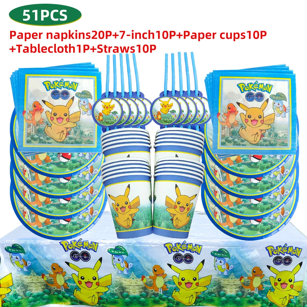 TAKARA TOMY Pikachu Pokemon Birthday Decoration Disposable Cutlery Cup Plate Napkin Tablecloth Bag Baby Shower Party Supplies