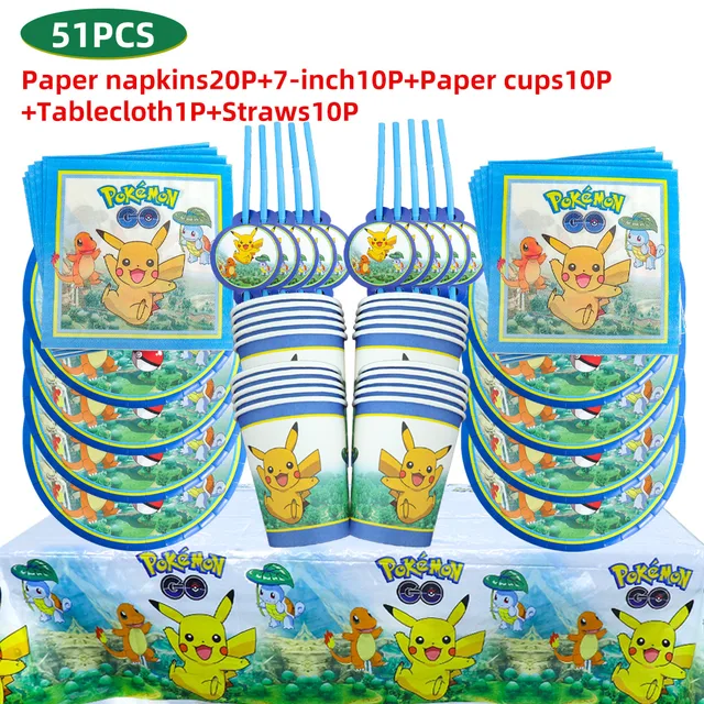 TAKARA TOMY Pikachu Pokemon Birthday Decoration Disposable Cutlery Cup Plate Napkin Tablecloth Bag Baby Shower Party Supplies 51PCS