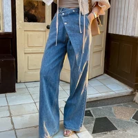 Retro High Waist Wide Leg Jeans Women's Autumn Long Pants Asymmetrical Design Versatile Chic Vintage Sle Ladies Denim Trousers - Image 3