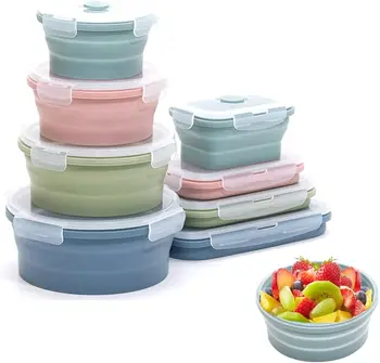 Récipients de conservation des aliments pliables en silicone – Bols de préparation/stockage avec couvercles – Lot de 4 boîtes à déjeuner rondes en silicone – Micro-ondable 1