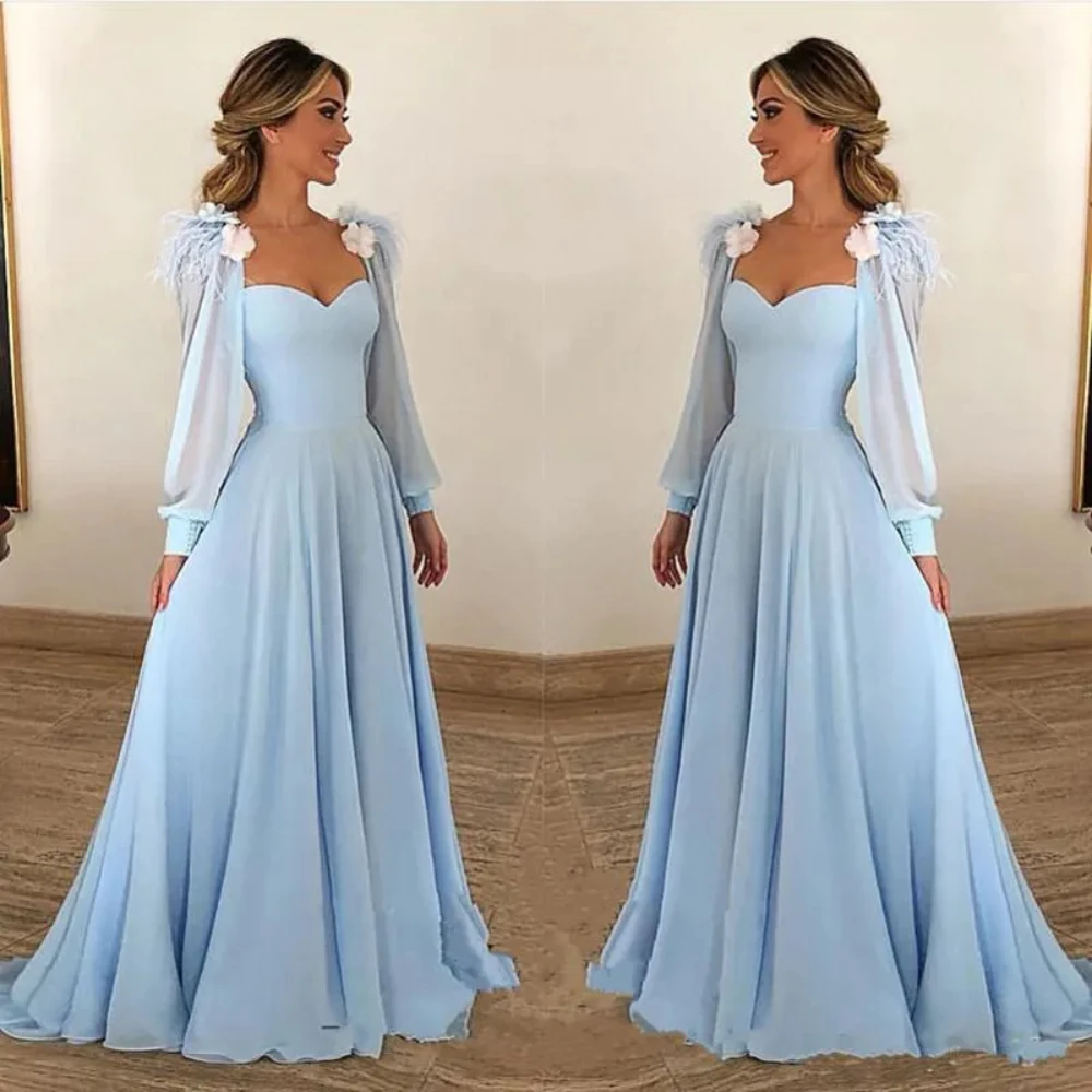 

Light Sky Blue Evening Dresses Sweetheart Long Illusion Sleeves Prom Gowns A-Line Tiered Ruffle Sweep Train Formal Party Gowns