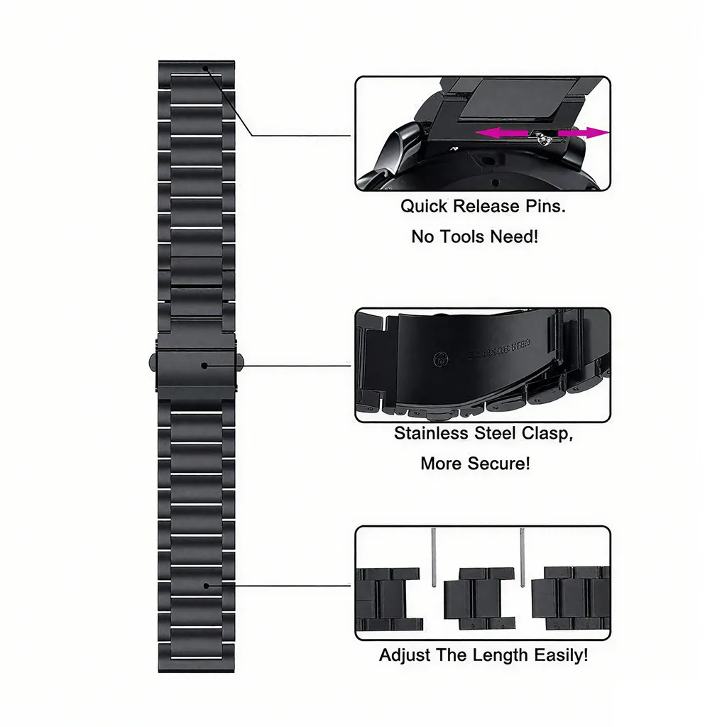 Elegant Stainless Steel Universal Watch Band with Tool – Three-Bead Design