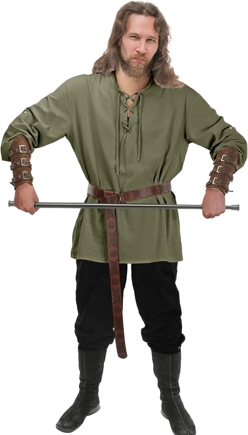4 Pcs Halloween Men's Renaissance Costume Set Medieval Pirate Shirt Ankle Banded Pants Viking Belt Accessories 4