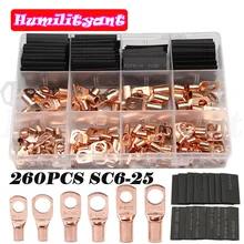 

260PCS Copper Ring Lug SC Bare Copper Splice Crimp Terminals Welding Terminal Electrical Wire Connector Heat Shrink Tube Kit