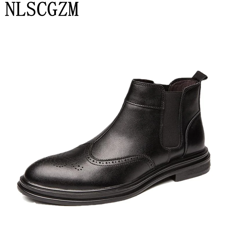 

Chunky Ankle Boots for Men 2024 Leather Shoes Man Platform Motorcycle Boots Men Black Boots Man Brogue Men Dress Shoes Zapatos