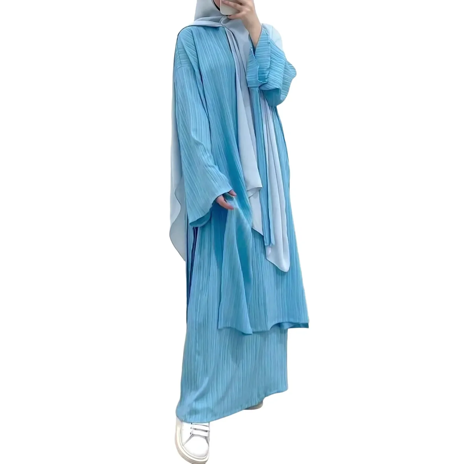 Arab Muslim Women Modest Dress 2024 New Mid Length Long Sleeve Wrinkled Pleated Robe Tops and Skirt Set Islam Abaya Robe - Image 3