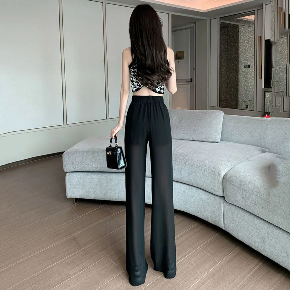 Lce Silk Wide-leg Pants Women's Thin Summer Pants With High Waist Drooping Feeling Slim Chiffon Loose Straight Slit Pants Women.