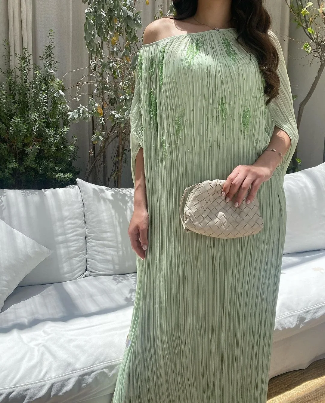 

TaoYao Green Pleated Evening Dresses Boat Neck Bead Ankle-Length Straight Women Party Simple Dress 2023 فساتين سهره French