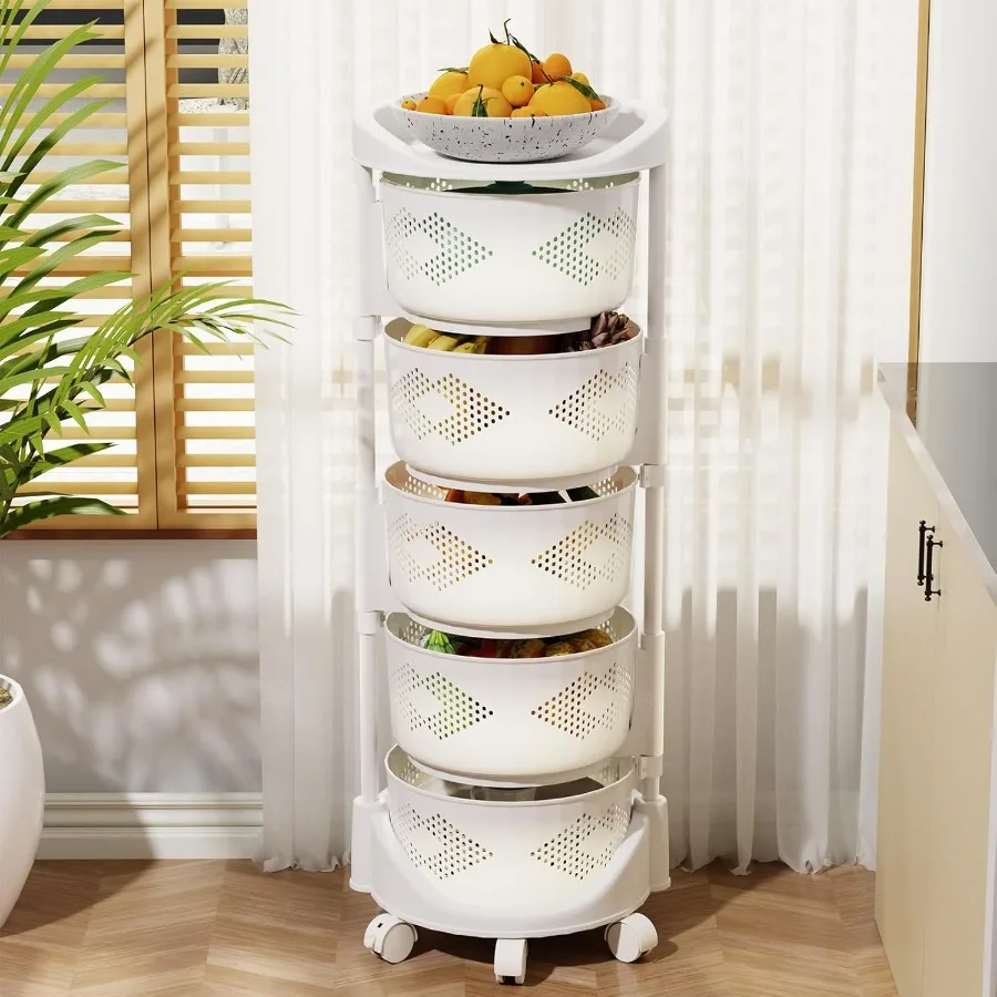 Fruit and Vegetable Basket Bowls for Kitchen with Metal Top Lid 5 Tier Rotating Storage Rack Cart for Potato Onion Bread Banana