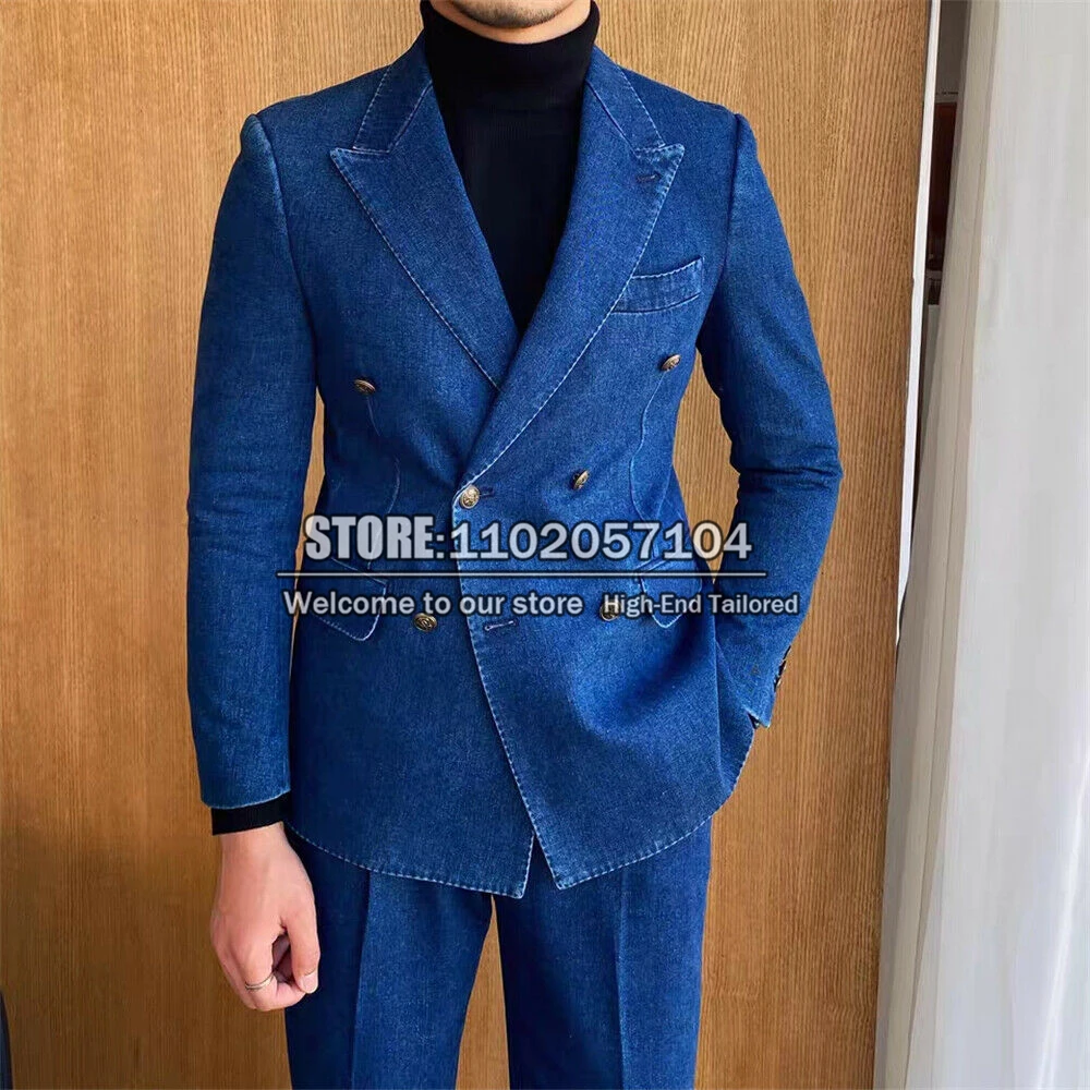 Blue Denim Suits Men Italian Double Breasted Jacket+pants 2 Pieces Slim