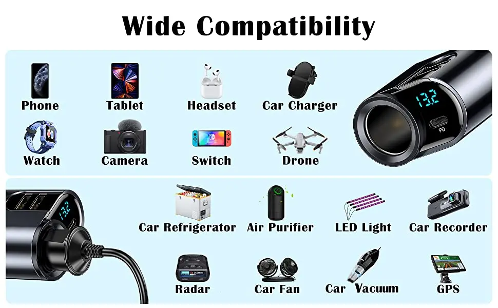 New Car Charger Lighter Adapter 4 in 1 Car Cigarette Splitter Type C Dual USB Po