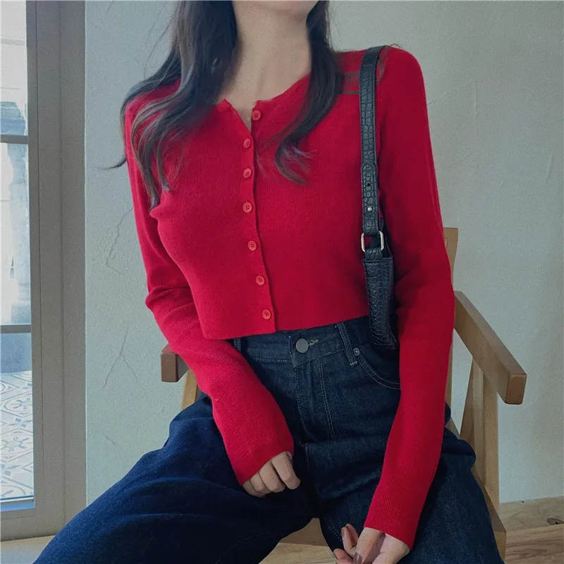 AEL  Women's cardigan slim short V-neck long sleeve base top retro sexy slim top