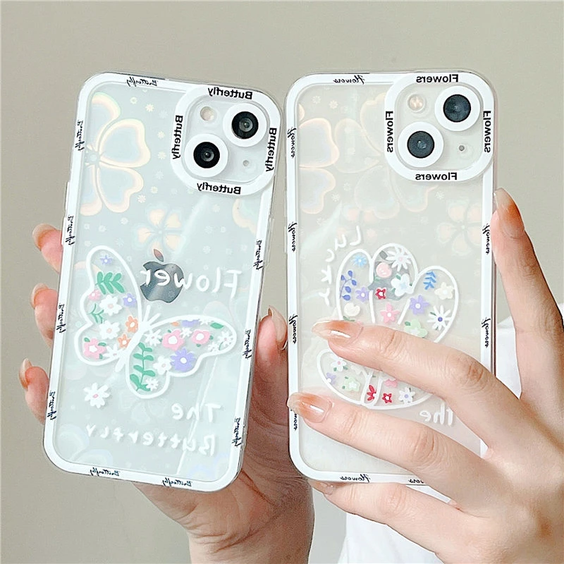 Holographic Laser Flower Butterfly Phone Case For iPhone 13 11 12 Pro Max XS Max XR X 7 8 Plus 13Pro 11 Clear Soft Bumper Cover iphone 12 mini leather case