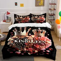 Parure de lit 3 pièces King Queen Crown Heart, housse de couette et taies d'oreiller imprimées roses dorées, linge de lit romantique pour chambre de couple 4