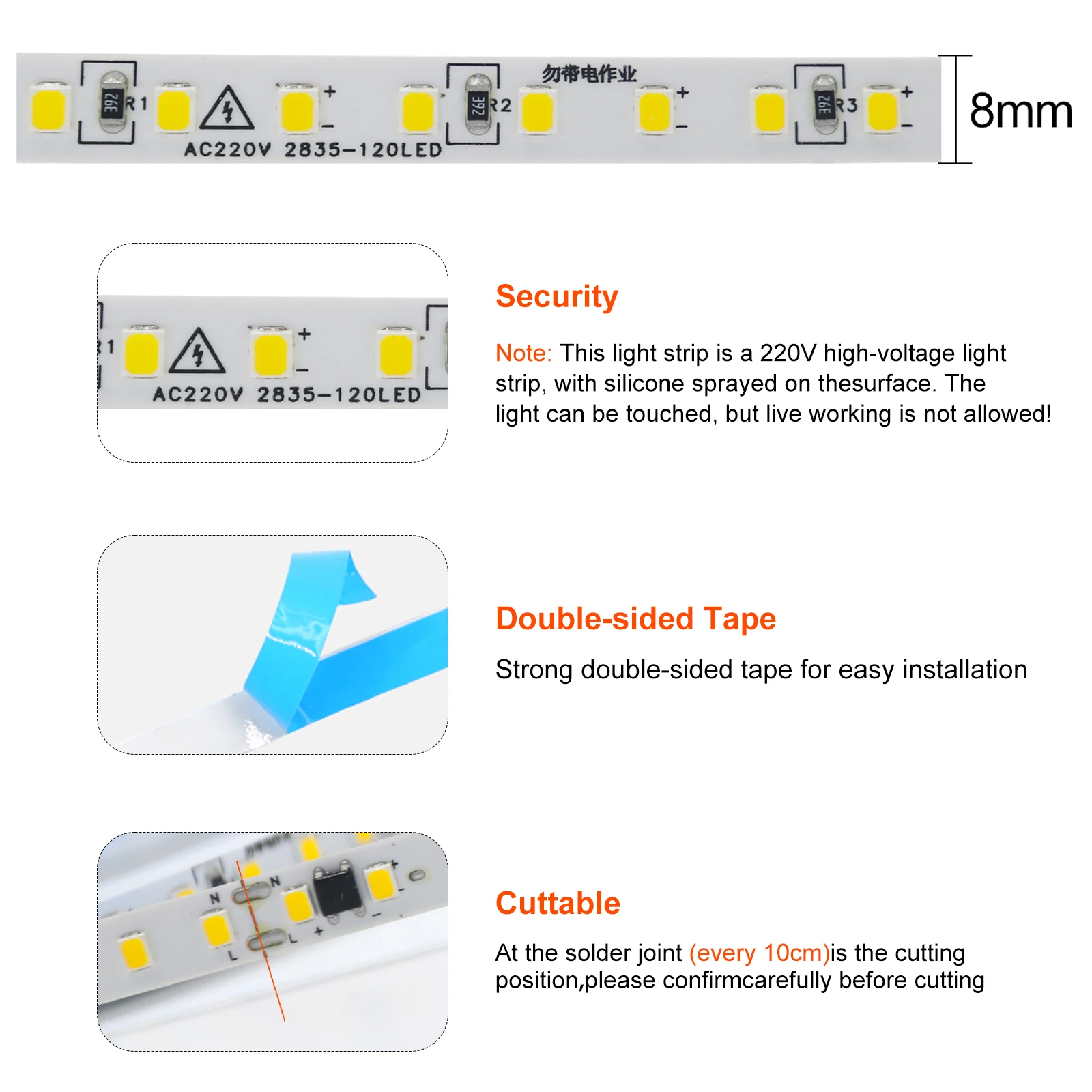 10m 20m 50m 220V 2835 LED 스트립 라이트 드라이버 불필요 고휘도 120LEDs/M 유연 테이프 조명 IP44 방수 가정용 조명
